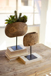Set of Two Repurposed Wooden Cowbell Planters on Iron Stand by Kalalou