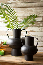 Waxed Black Metal Urns with Handles – 14.5"H Decorative Contemporary Vessels, Set of Two by Kalalou