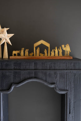 Tabletop Nativity Set – Antique Brass Figures on Wood Base