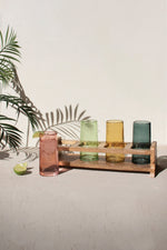 Colorful Cocktail Glasses with Wooden Tray 7.5"H – Set of 4 By Kalalou