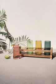 Colorful Cocktail Glass Flight Set with Wooden Tray – 4 Glasses