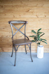 Wooden chair with a plant on a blue floor against a wooden wall
