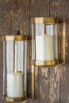 Wall Mounted Glass Hurricane Candle Holder, Antique Brass Finish