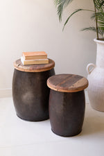 Rustic Recycled Wood Drum Tables – Set of 2 Industrial Accent Pieces 19" Tall by Kalalou