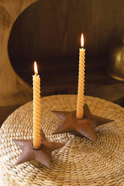 Set of 2 Rustic Metal Star Taper Candle Holders – Distressed Brown Wood & Metal Décor – Kalalou