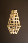 Decorative pendant light with a geometric lattice design on a dark background
