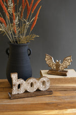 Wooden Halloween Boo and Bat Figurines Set of 2 – 5.25" Height by Kalalou