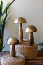 Antique Brass Mushrooms with Wooden Bases – 14.5" Tall Set of 3 by Kalalou