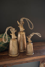 Metal Christmas Bells with Deer Finials Antique Gold – Festive Decor Set of 3 Kalalou