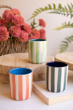 Hand Painted Ceramic Cups  Set of 3 Striped Table Accents 3.5" Tall by Kalaou