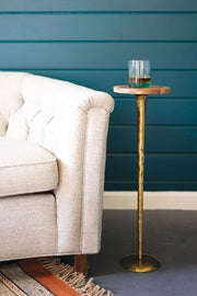 Round brass pedestal drink table with solid wood top