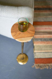 Small space brass side table with acacia wood top