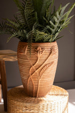 Terracotta Urn Vase Floral Carved Clay Design 16" Tall Decorative Accent by Kalalou