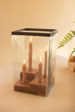 Large Glass Hurricane Candle Holder Wood Base with Four Tapers – 14" Tall by Kalaou