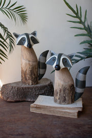 Distressed Wood and Iron Raccoon Figurine Set