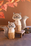 Set of 2 recycled wood and iron squirrels perched with acorns