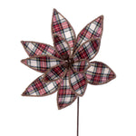 Vickerman QG213112 17" Artificial Red White And Jute Plaid Poinsettia Christmas Stem 4 Per Bag