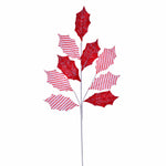 Vickerman QG213930 25" Artificial Red And White Striped Holly Leaf Christmas Stem 5 Per Bag