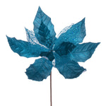 Vickerman QG227912 11" Turquoise Velvet And Glitter Mesh Poinsettia Flower On Stem 6 Per Bag.