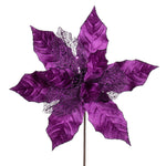 Vickerman QG227926 11" Plum Velvet And Glitter Mesh Poinsettia Flower On Stem 6 Per Bag.