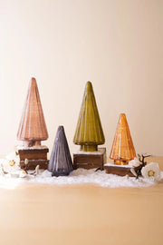 Set of 4 Pressed Glass Christmas Trees With Jewel Tone Colors 14.5