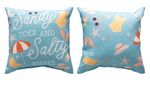 Manual Woodworkers Beach House Decor Pillow – Sandy Toes and Salty Kisses Quote in Coastal Blue