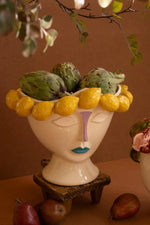 Ceramic Face Vase With Lemon Accents 13"H for Mediterranean Decor by Kalalou