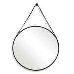 Modern Iron Wall Mirror – 30" Round Antique Bronze Metal Frame with Faux Leather Hanging Strap and Beveled Glass by One Pixie Street