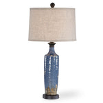 Blue Textured Ceramic Table Lamp – 29.75" H Lamp with Khaki Linen Shade and Bronze Accents, Modern Decorative Lighting By One Pixie Street