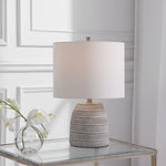 Table Lamp Gray And White Concrete 20" H Drum Shade Home Lighting by One Pixie Street
