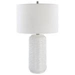 Table Lamp 26.5"H White Ceramic Base with Brushed Nickel Accents – Modern Wavy Texture with White Linen Shade By One Pixie Street
