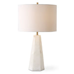 Cream Marble Table Lamp – 23" H Hexagon Base Lamp with Off-White Linen Shade and Antique Brass Accents By One Pixie Street