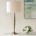 Metal Table Lamp – Antique Brass Finish with Crystal Accent and Off White Linen Drum Shade for Bedroom or Living Room 32.5"H by One Pixie Street