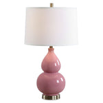 Bubblegum Pink Ceramic Table Lamp – 26" H Gourd-Shaped Lamp with White Linen Shade and Antique Brass Accents By One Pixie Street
