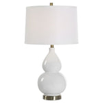 Table Lamp 26"H White Glazed Ceramic Gourd Base with Antique Brass Accents – White Linen Shade Classic Accent Lighting By One Pixie Street