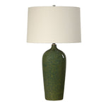 Table Lamp 27.5"H Distressed Emerald Green Ceramic Base with Antique Brass Accents – Beige Linen Tapered Shade Contemporary Lighting By One Pixie Street