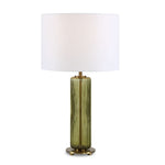 Olive Green Glass Table Lamp – 26" H Cylindrical Lamp with Off-White Linen Shade and Brass Accents By One Pixie Street