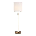 Buffet Lamp 32.5"H Antique Brass Iron Body with Coffee Marble Base – Off White Linen Drum Shade Elegant Lighting By One Pixie Street