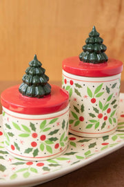 Two small round ceramic canisters with Christmas holly and berry pattern