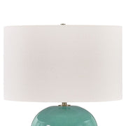 Teal Table Lamp – Round Ceramic Base With Linen Shade – 28.25