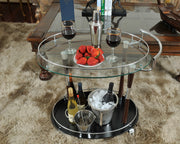 Chrome & Wood Serving Trolley – Tempered Glass Shelves – 27.375