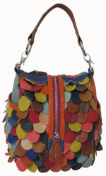 Amerileather Rainbow Feesh Purse – Multicolored Sheepskin Handbag with Fish-Scale Design and Artistic Fabric Construction
