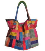 Amerileather Rainbow Mazy Tote Bag – Top Grain Lambskin Leather Handbag with Artistic Patchwork and Everyday Storage