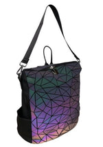 AmeriLeather Tegan Geometric Tote/Backpack – Reflective PVC, Top Zip, Multi-Pocket Dual Carry, 13" Flash-Glow Convertible Bag