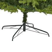 Black metal Christmas tree stand with a green artificial tree on a white background