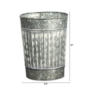 Galvanized metal planter with dimensions on a white background