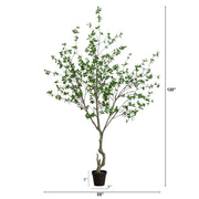 An artificial leafy tree in a black pot shown on a white background with dimension lines indicating 120 inches tall, 55 inches wide, 8 inches trunk width, and 9 inches pot diameter.