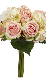 Bouquet of pink and white flowers with green leaves on a white background