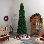 Decorated living room with a Christmas tree, wreaths, and festive decorations.