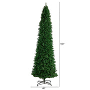 A tall artificial Christmas tree on a black metal stand, shown with dimension lines indicating a height of 144 inches and a width of 45 inches, on a plain white background.
